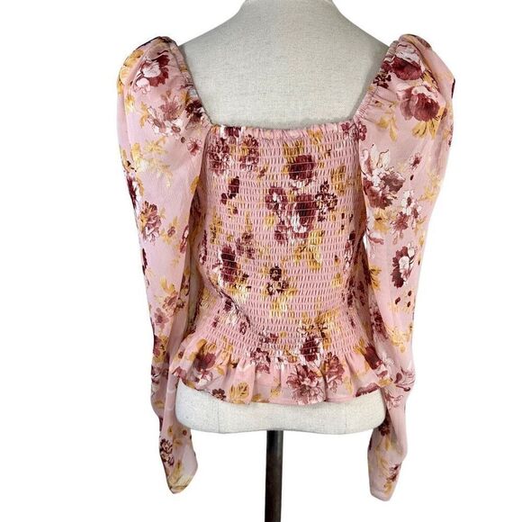 Express Pink Floral Smocked Puff Sleeve Blouse Womens Medium NWT Boho Girlcore - Picture 2 of 9